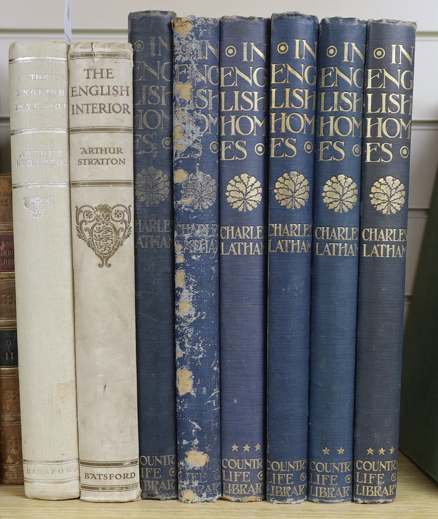 Stratton, A – The English Interior, original cloth, no date and Latham, C – In English Homes, 3 vol., 2 sets, original cloth, 1904-1909
